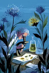 Midjourney generated image using SREF code Quirksprawl: A man looking through a microscope in a field of flowers.
