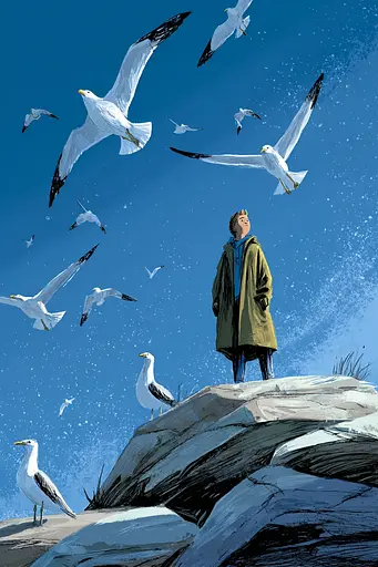 Midjourney generated image using SREF code Quirksprawl: A man standing on top of a rock surrounded by seagulls.