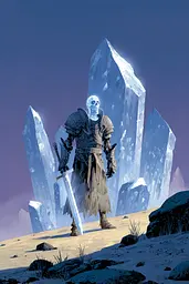 Midjourney generated image using SREF code Quirksprawl: A man standing in front of a large rock formation holding a sword.