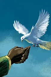 Midjourney generated image using SREF code Quirksprawl: A hand reaching out to a white dove flying in the sky.