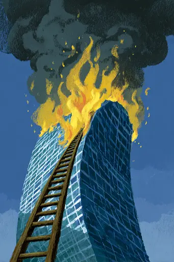 Midjourney generated image using SREF code Quirksprawl: A tall building with a ladder going up to the top of it.