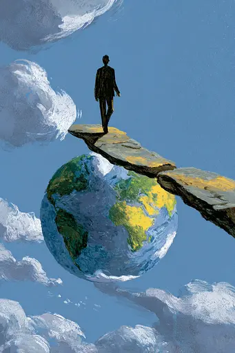 Midjourney generated image using SREF code Quirksprawl: A man standing on top of a cliff with a globe in the sky.