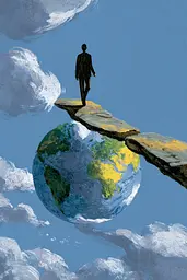 Midjourney generated image using SREF code Quirksprawl: A man standing on top of a cliff with a globe in the sky.