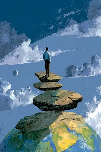 Midjourney generated image using SREF code Quirksprawl: A man standing on top of a stack of rocks.
