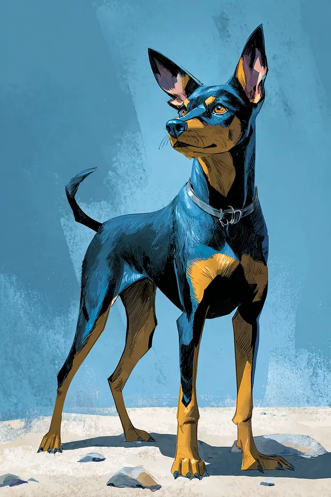 Midjourney generated image using SREF code Quirksprawl: A black and brown dog standing in front of a blue background.