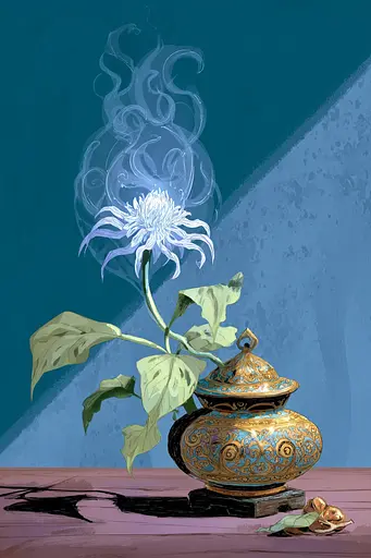 Midjourney generated image using SREF code Quirksprawl: A vase with a flower in it sitting on a table.