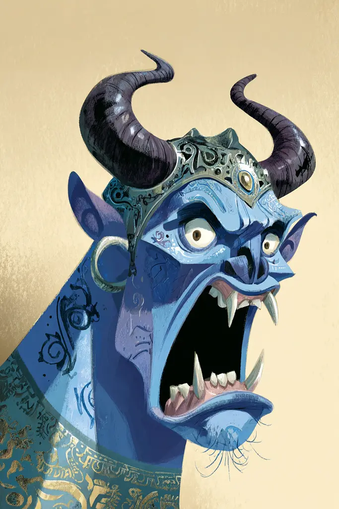 Midjourney generated image using SREF code Quirksprawl: A blue demon with horns and a crown on his head.