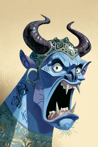Midjourney generated image using SREF code Quirksprawl: A blue demon with horns and a crown on his head.