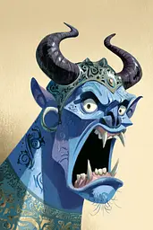 Midjourney generated image using SREF code Quirksprawl: A blue demon with horns and a crown on his head.