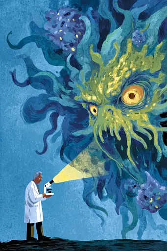 Midjourney generated image using SREF code Quirksprawl: A man in a lab coat holding a microscope in front of a giant monster.