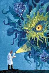 Midjourney generated image using SREF code Quirksprawl: A man in a lab coat holding a microscope in front of a giant monster.