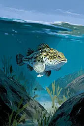 Midjourney generated image using SREF code Quirksprawl: A large fish swimming in the ocean near a rock.