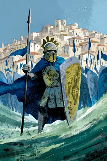 Midjourney generated image using SREF code Quirksprawl: A painting of a man in armor holding a spear and shield.