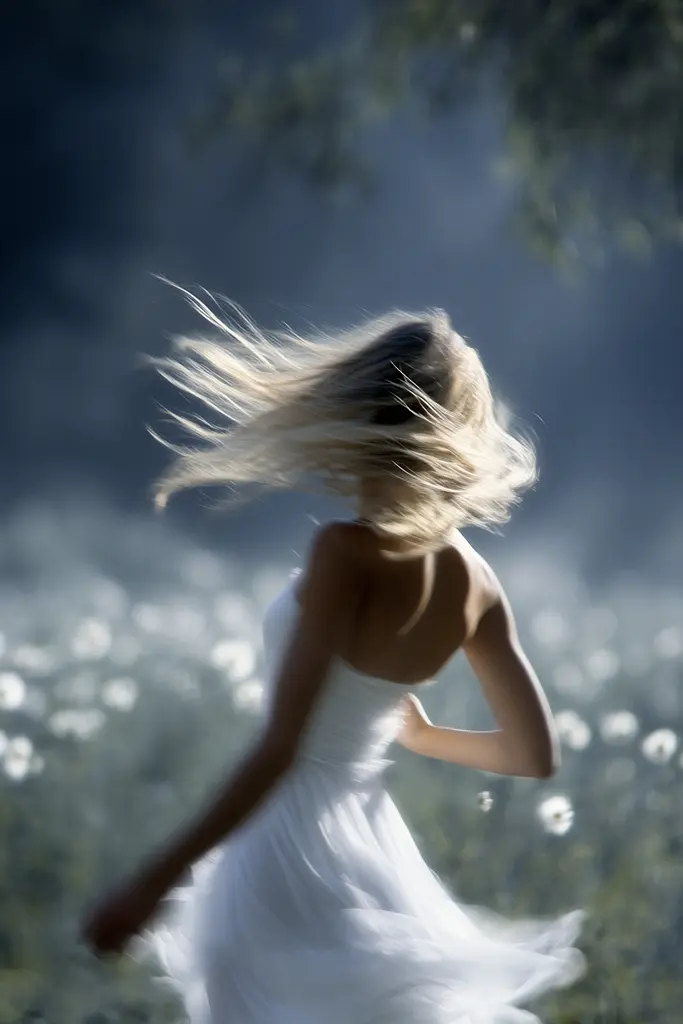 Midjourney generated image using SREF code Whispering Silhouettes: A woman in a white dress running through a field of flowers.