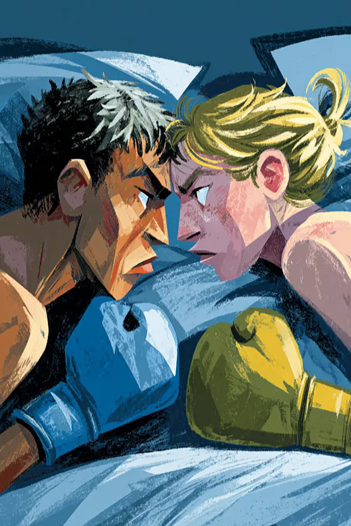 Midjourney generated image using SREF code Quirksprawl: A man and a woman in bed with boxing gloves.
