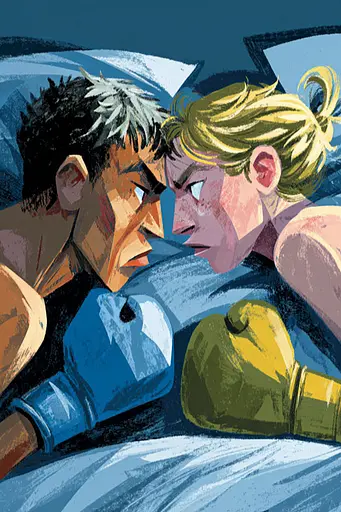 Midjourney generated image using SREF code Quirksprawl: A man and a woman in bed with boxing gloves.