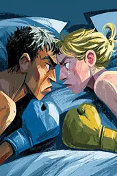 Midjourney generated image using SREF code Quirksprawl: A man and a woman in bed with boxing gloves.