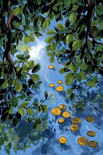 Midjourney generated image using SREF code Quirksprawl: A painting of a tree with a bunch of coins falling from it.