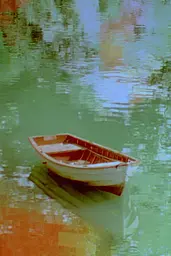 Midjourney generated image using SREF code Chromoshred: A small boat floating on top of a body of water.