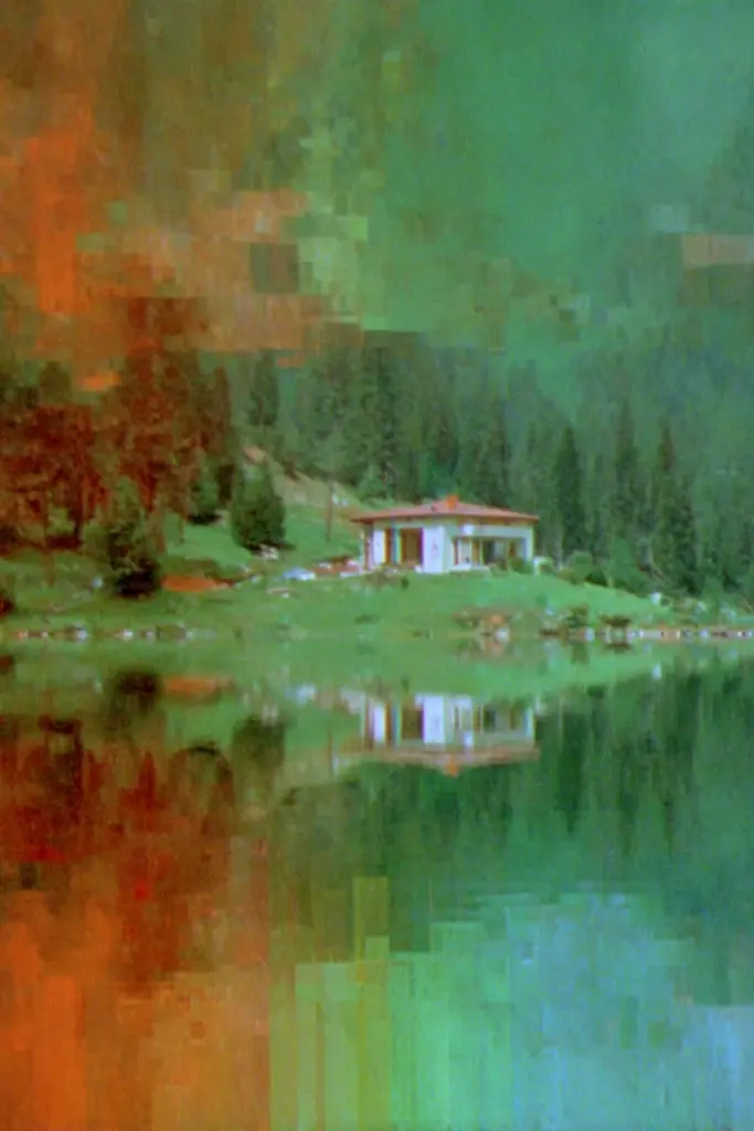 Midjourney generated image using SREF code Chromoshred: A painting of a house on the shore of a lake.