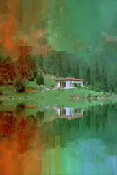 Midjourney generated image using SREF code Chromoshred: A painting of a house on the shore of a lake.