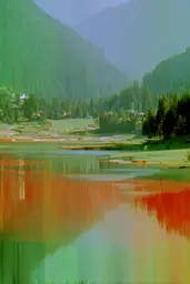 Midjourney generated image using SREF code Chromoshred: A view of a lake with mountains in the background.