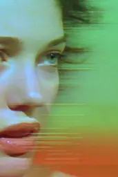Midjourney generated image using SREF code Chromoshred: A close up of a woman's face with a blurry background.