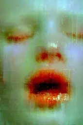 Midjourney generated image using SREF code Chromoshred: A close up of a woman's face with red lips.