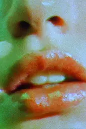 Midjourney generated image using SREF code Chromoshred: A close up of a woman's mouth with orange lipstick.