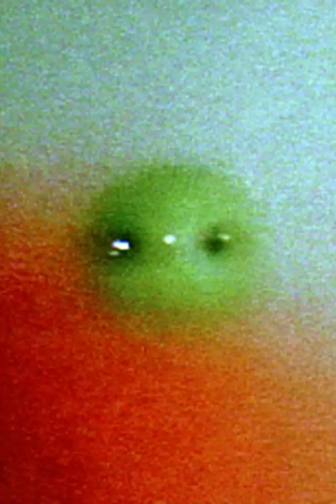 Midjourney generated image using SREF code Chromoshred: a close up of a person's face with a green ball on it