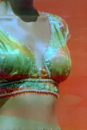 Midjourney generated image using SREF code Chromoshred: A woman in a green and red bikini top.
