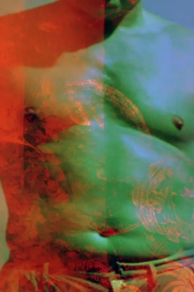 Midjourney generated image using SREF code Chromoshred: A close up of a woman's stomach with a colorful background.