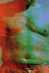 Midjourney generated image using SREF code Chromoshred: A close up of a woman's stomach with a colorful background.