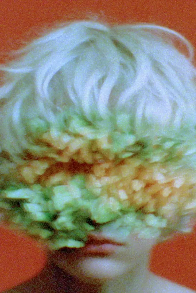 Midjourney generated image using SREF code Chromoshred: A woman with white hair covered in green and yellow flowers.