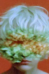 Midjourney generated image using SREF code Chromoshred: A woman with white hair covered in green and yellow flowers.