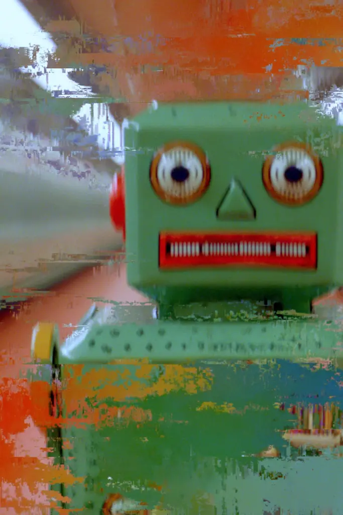 Midjourney generated image using SREF code Chromoshred: A green toy robot sitting on top of a table.