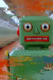 Midjourney generated image using SREF code Chromoshred: A green toy robot sitting on top of a table.