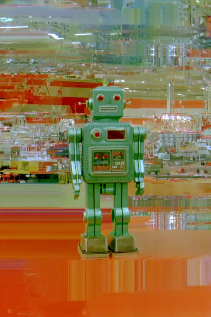 Midjourney generated image using SREF code Chromoshred: A green robot standing in front of a store.