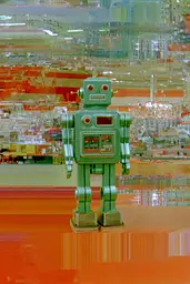 Midjourney generated image using SREF code Chromoshred: A green robot standing in front of a store.
