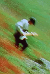 Midjourney generated image using SREF code Chromoshred: A man walking across a lush green field holding a baseball bat.