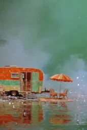 Midjourney generated image using SREF code Chromoshred: A painting of an orange and green trailer with an umbrella.
