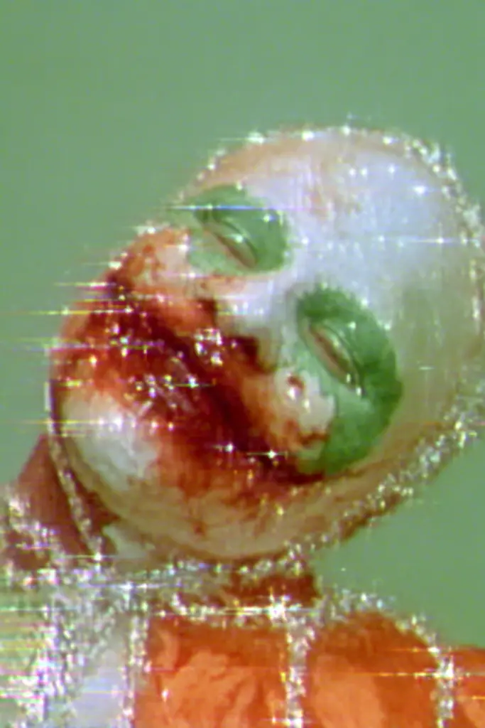 Midjourney generated image using SREF code Chromoshred: a close up of a person with a face covered in glitter