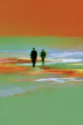 Midjourney generated image using SREF code Chromoshred: A painting of two people walking on the beach.