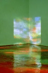 Midjourney generated image using SREF code Chromoshred: A painting of an empty room with a window in it.