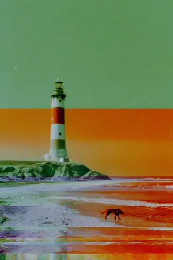 Midjourney generated image using SREF code Chromoshred: A dog is walking on the beach near a lighthouse.