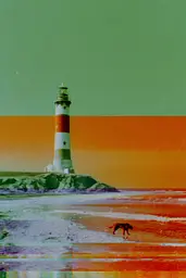 Midjourney generated image using SREF code Chromoshred: A dog is walking on the beach near a lighthouse.