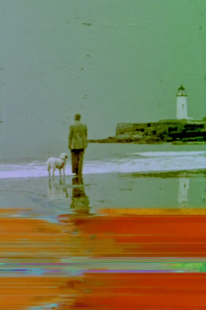 Midjourney generated image using SREF code Chromoshred: A man walking a dog on a beach next to a lighthouse.