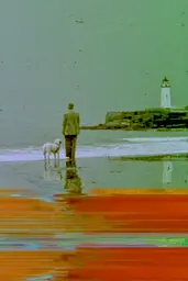 Midjourney generated image using SREF code Chromoshred: A man walking a dog on a beach next to a lighthouse.