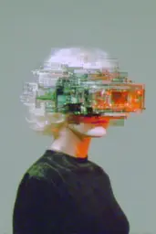 Midjourney generated image using SREF code Chromoshred: A woman with a head made out of plastic blocks.