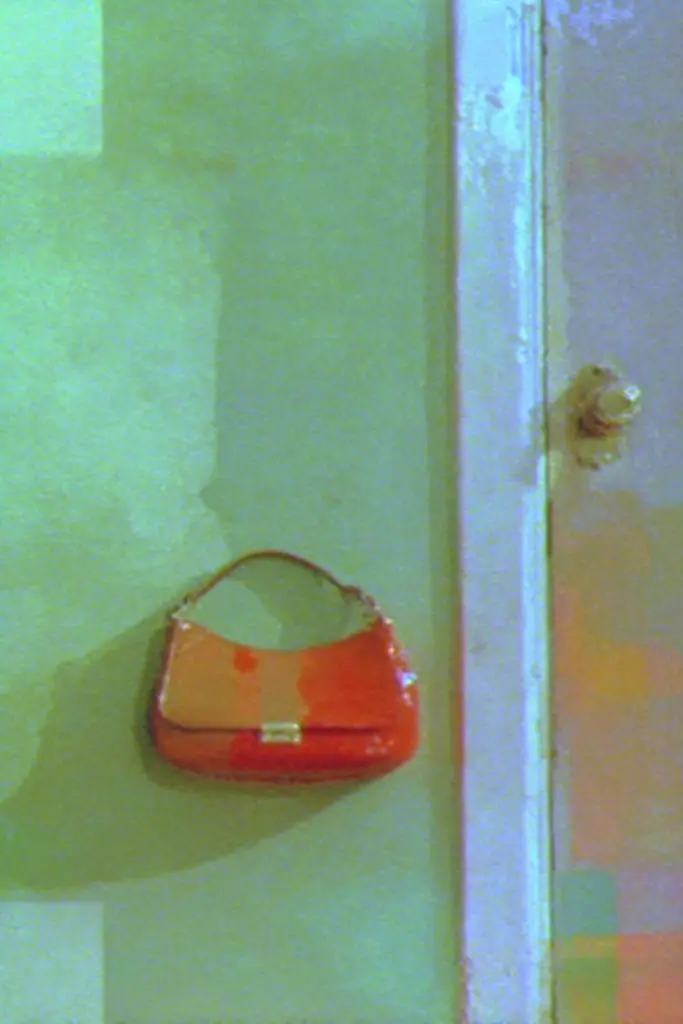 Midjourney generated image using SREF code Chromoshred: A red purse hanging on a green wall.